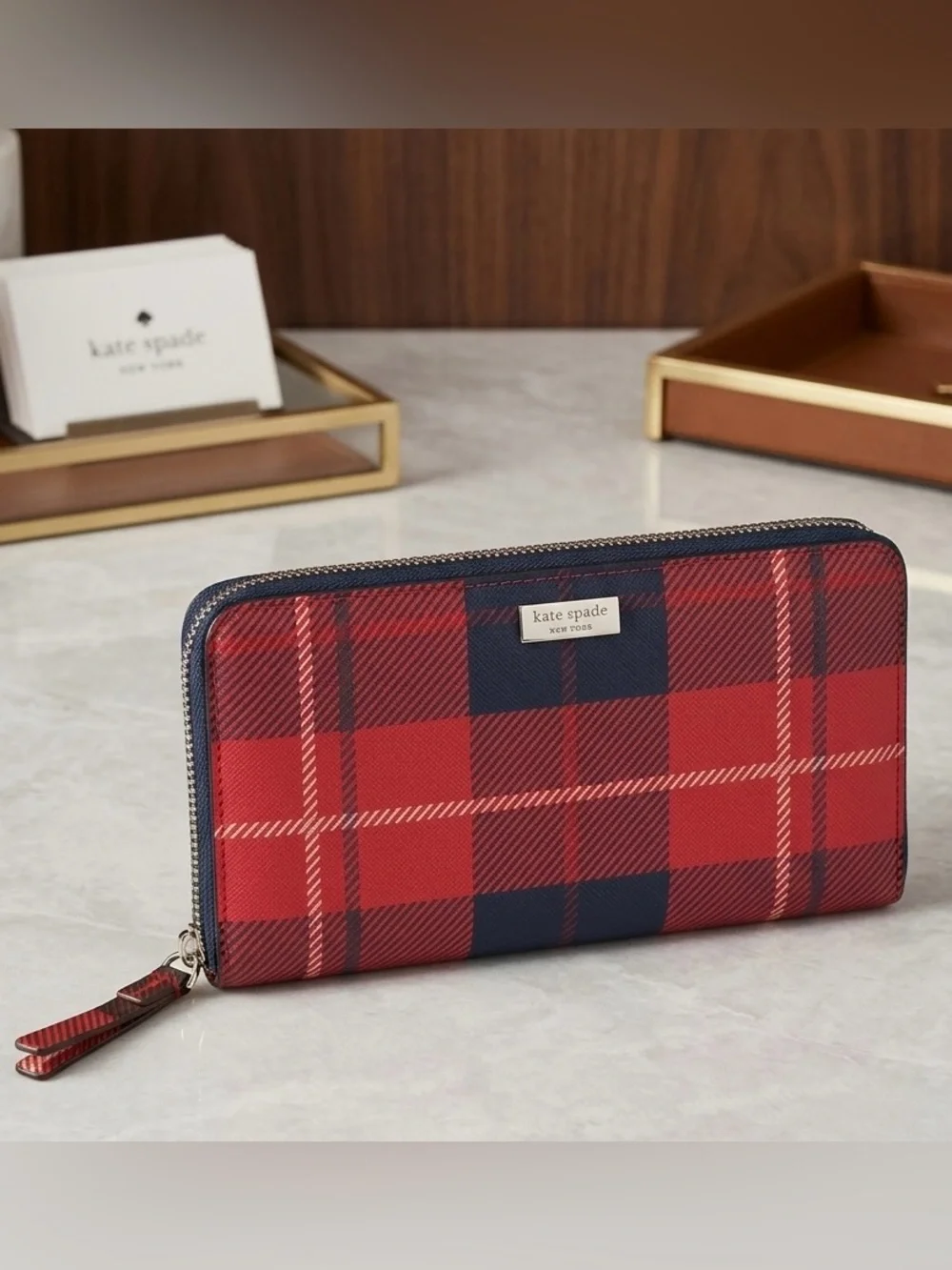 Kate Spade Laurel Way Travel Plaid Zip Around Wallet - Red and black - fall